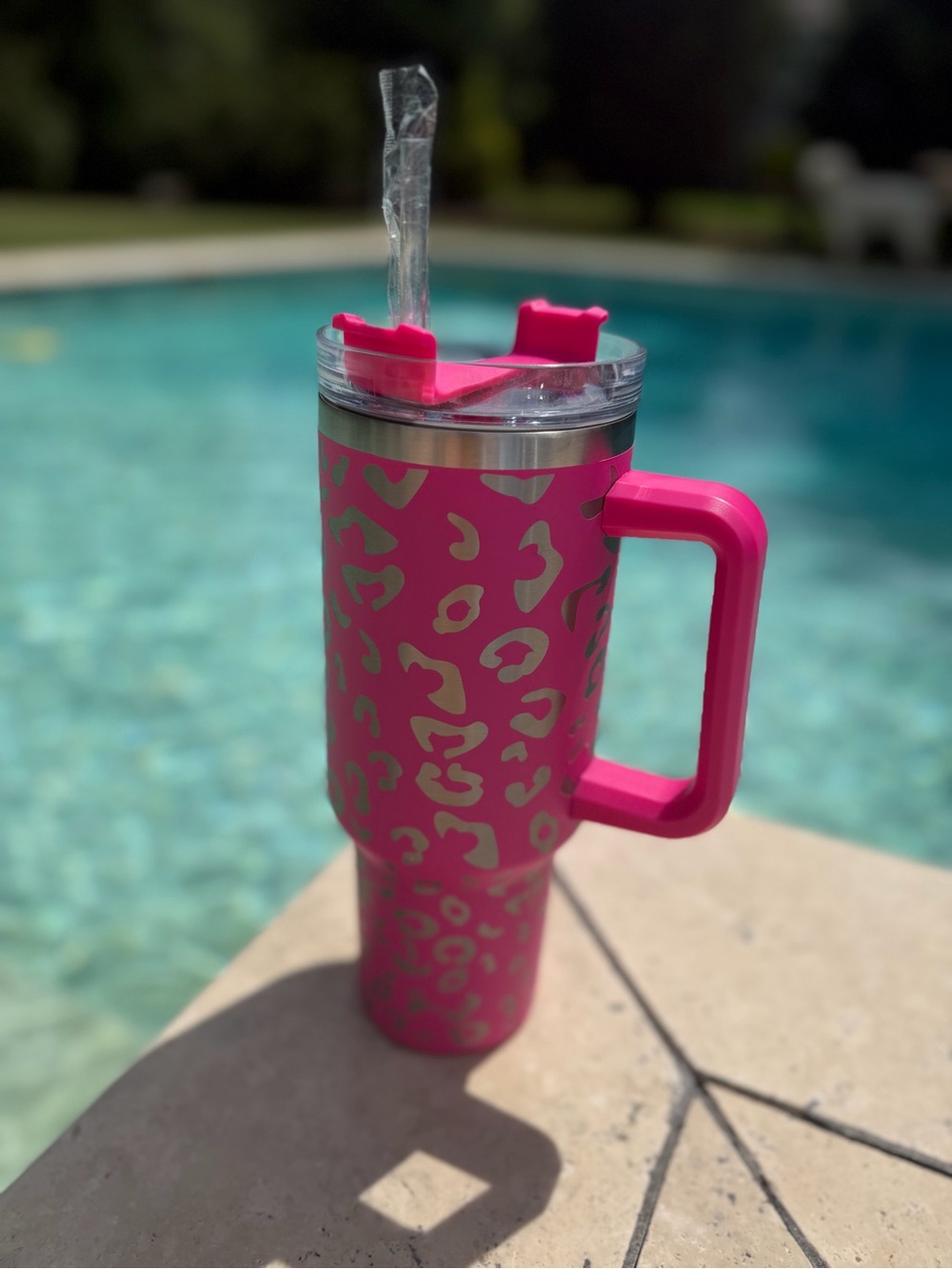 Hot Pink Leopard Print Travel Tumbler with Handle